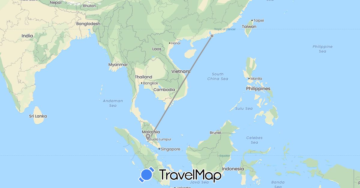 TravelMap itinerary: driving, plane in China, Malaysia (Asia)